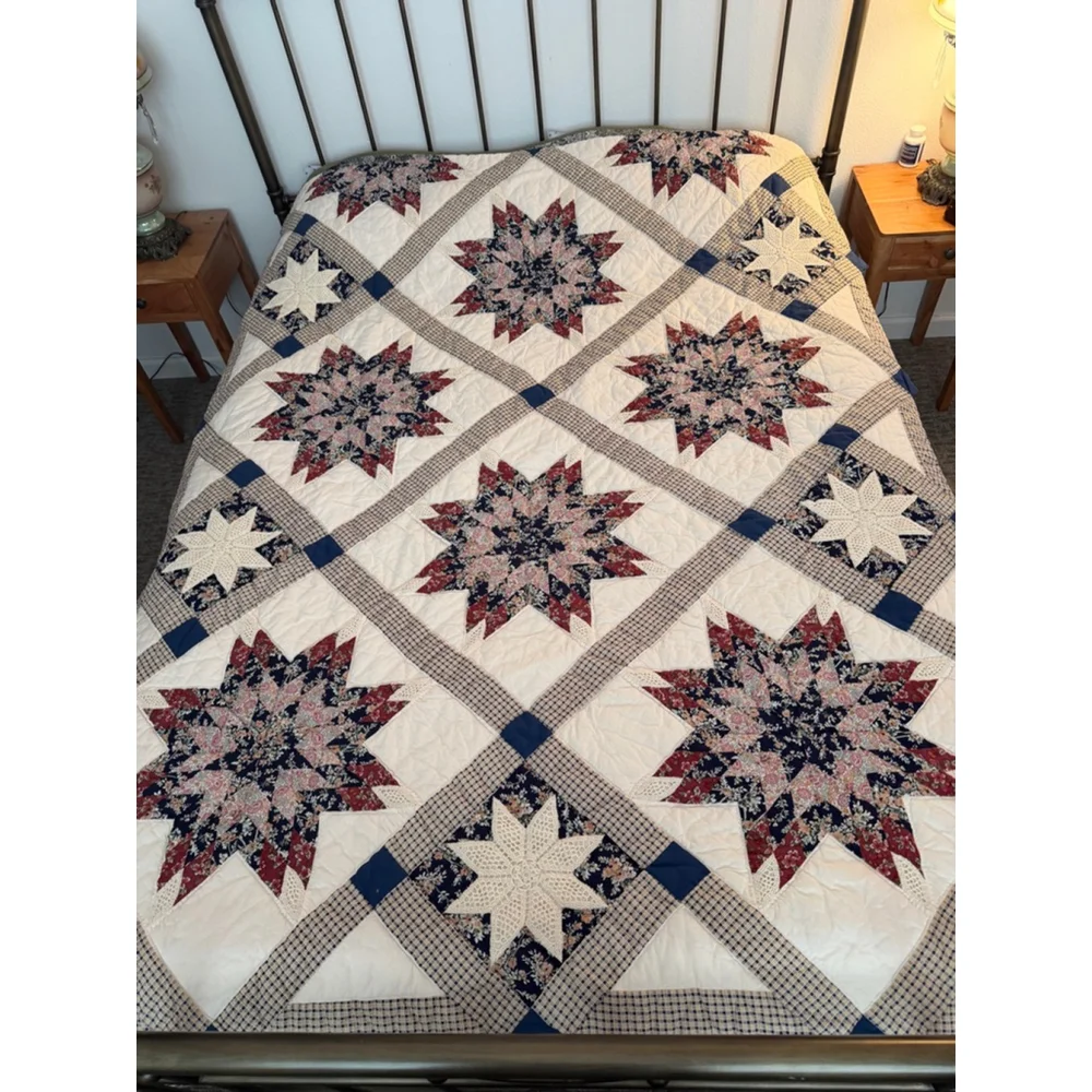 Vintage Handmade Quilt Hand Quilted Star Pattern Crochet Applique Cottagecore